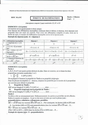 BEPC blanc regional 2024 Maths Yamoussoukro by Tehua