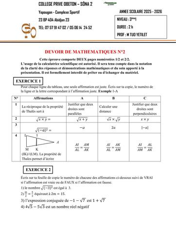 DEVOIR DE MATHS 3ième N°2 CP OBETON 2026 BY TEHUA