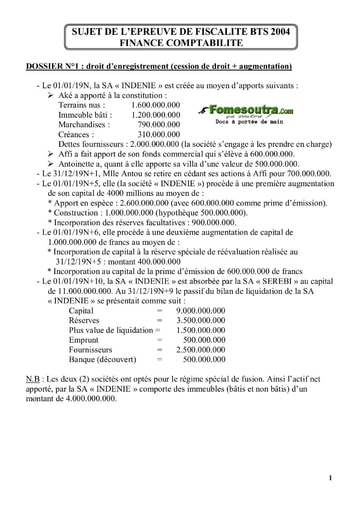 Sujet corrigé de Fiscalité BTS Finances Comptabilité et Gestion d’Entreprises 2004