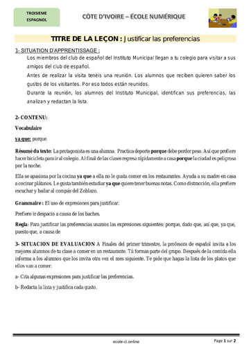 Justificar las preferencias - Cours espagnol niveau 3eme