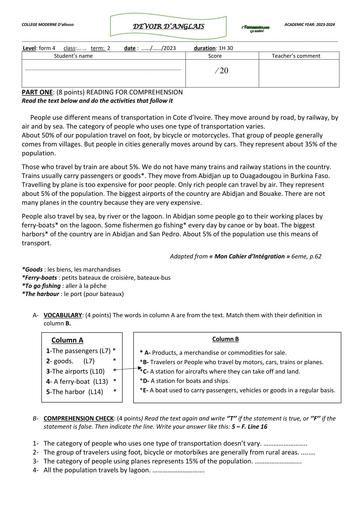 SUJET 4ième et 3ième DEVOIR ANGLAIS  23 24 by TEHUA