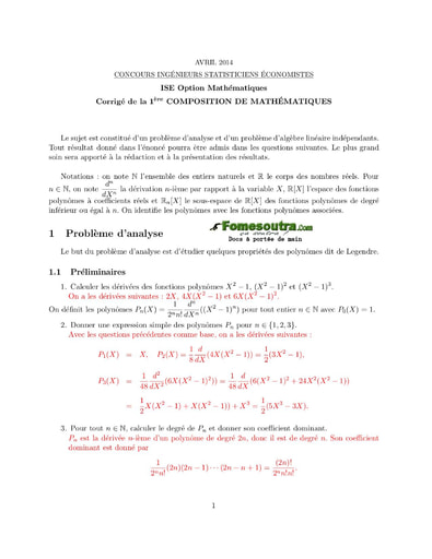 Corrigé Sujet 1ère épreuve de maths ISE option maths 2014 (ENSEA - ISSEA - ENSAE)
