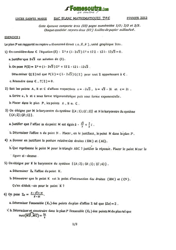 Sujet de Maths BAC blanc 2013 série C Lycée Sainte Marie de Cocody