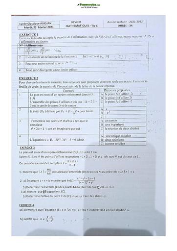 Devoir de Mathématique Terminale C Lycée Classique Abidjan  2022