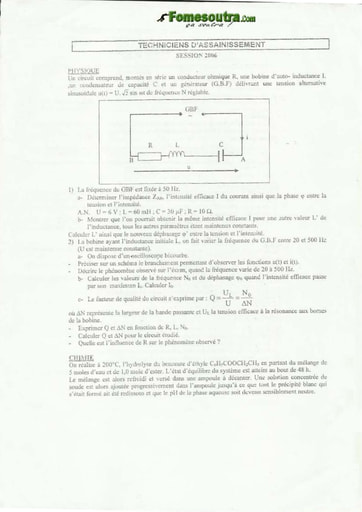 Sujet de Physique-Chimie Techniciens d'Hygiène et d'Assainissement INFAS 2006