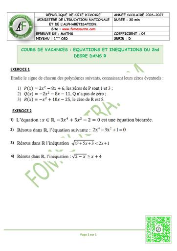FICHE 4 MATHS 1ière C&D EQUATIONS ET INEQUATIONS DU 2nd DEGRE DANS R BY TEHUA