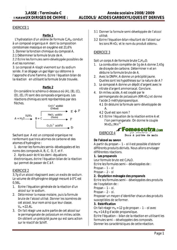 Sujet (8) Alcools/ Acides carboxyliques et dérivés - Chimie Terminale C