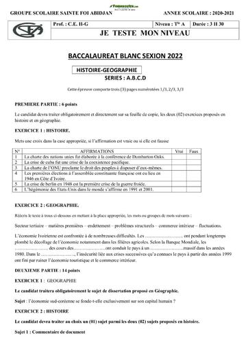 DEVOIR Histoire-Géographie Terminale A 2022