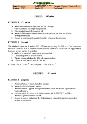 Sujet de Physique Chimie et Technique BEPC 2016 - Cameroun