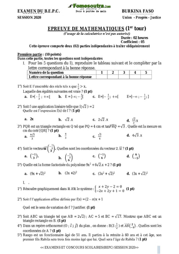 Sujet corrigé de Mathématique BEPC 2020 - Burkina Faso