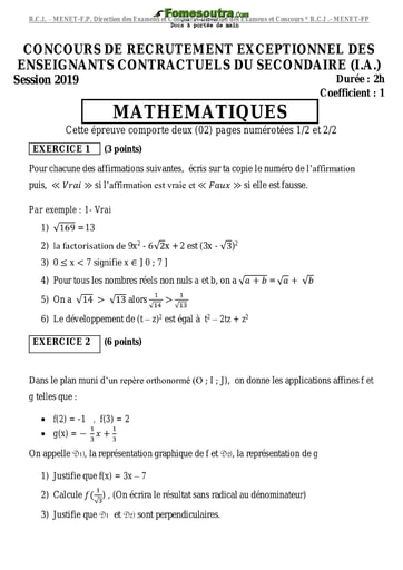 Sujet corrigé de Maths - Concours de recrutement exceptionnel des Enseignants contractuels du secondaire (I.A) - 2019