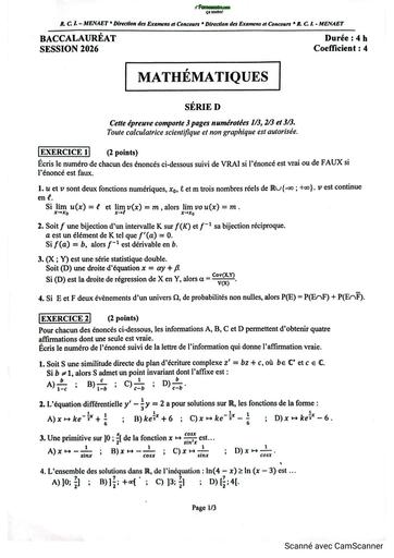 BAC 2026 Maths série D sujet+barème RCI By TEHUA