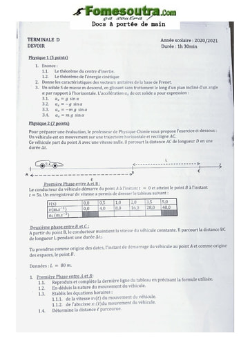 Sujet de Physique-Chimie Terminale D 2020-2021