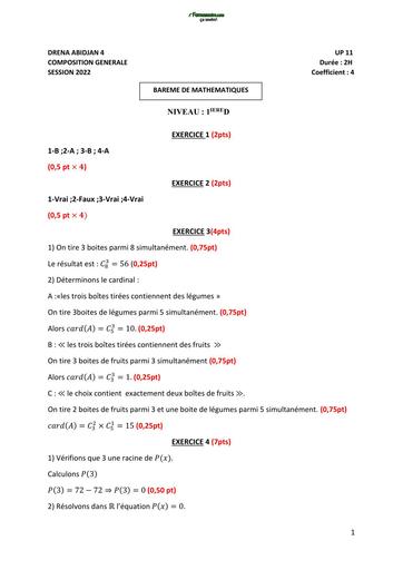 COMPOSITION GENERALE 2022 SUJET DE MATHS 1ière D DRENA ABIDJAN 4 UP 11 BAREME BY TEHUA