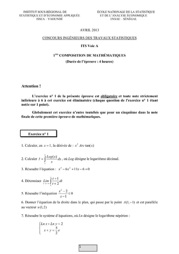 Sujet 1ère épreuve de maths ITS A 2013 (ENSAE - ISSEA)