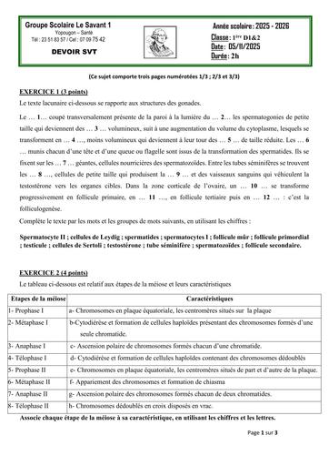 DEVOIR DE SVT 1ière D GS LE SAVANT 1 BY TEHUA