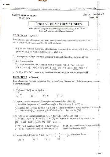 Sujet BAC Blanc 2024 Maths serie C DREN ABJIDJAN 4 by Tehua