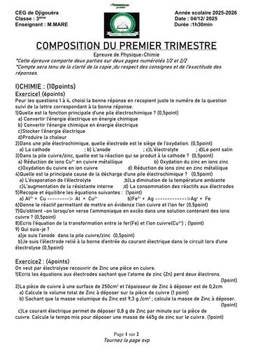 Composition du 1er trimestre de PC 3ème by Tehua