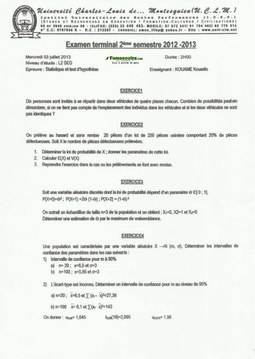 Sujet de Statistique et test d’hypothèse niveau Licence 2 SEG - Université Charles-Louis De Montesquieu