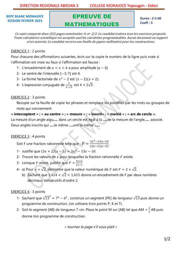 EPREUVE BEPC BLANC 2023 MATHEMATIQUES COLLEGE MONAJOCE YOPOUGON COTE D'IVOIRE