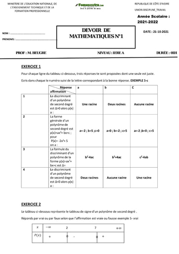 Devoir de Mathématiques Première A 2021-2022