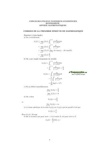 Corrigé 1ère épreuve de maths ITS B option Maths 2005 (ENSEA)