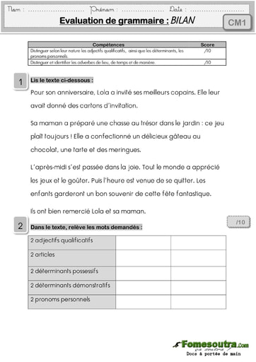 Evaluation de grammaire (3) - Niveau CM1