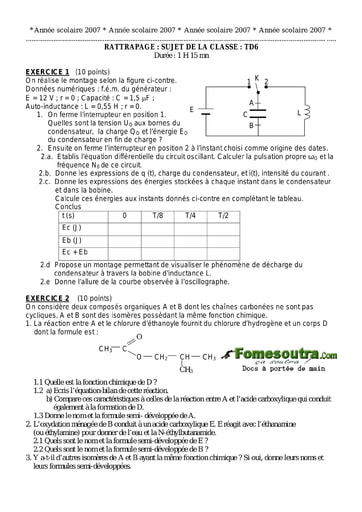 Devoir 20 Physique-Chimie niveau Terminale D Lycée Moderne Dimbokro