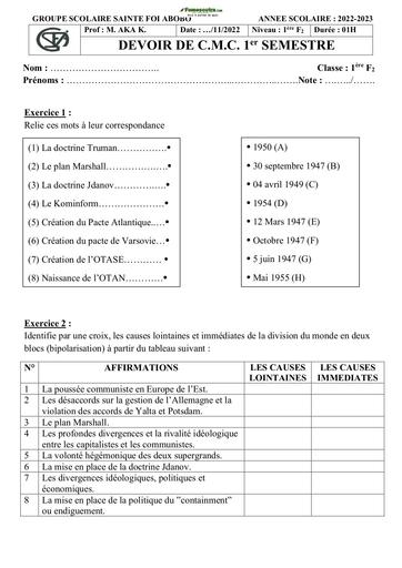 Devoir de CMC Première F2  2023 Collège Sainte Foi