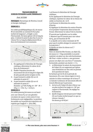 FICHE DE TRAVAUX DIRIGES PHYSIQUE DYNAMIQUE CENTRE D'INERTIE Tle C et D BY TEHUA