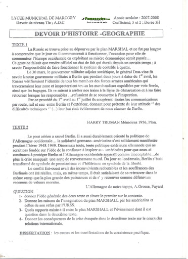 Sujet d'Histoire et Geographie devoir (2)  série A C et D - Lycée Municipal de Marcory