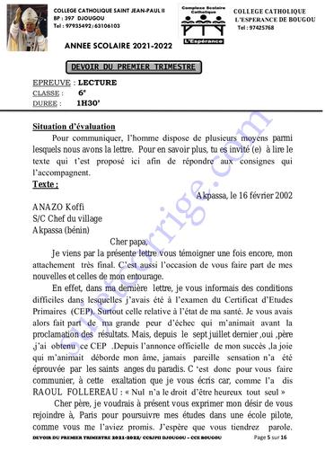 SUJET DEVOIR DU 1ER T LECTURE 6ÈME 2021-2022 COLLEGE CATHOLIQUE by Tehua.pdf