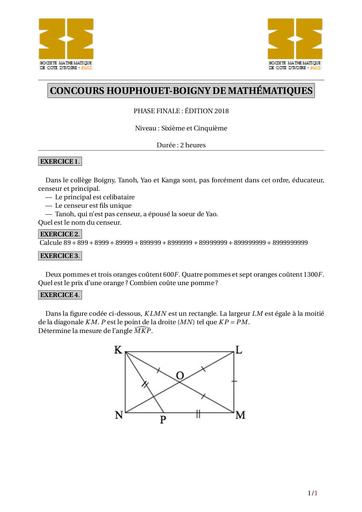 CONCOURS MATHS FHB 2018 niveau 6e-5e by DJAHA