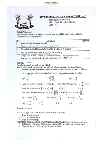 Sujets de mathématiques Première C Lycée Classique Abidjan 22-23