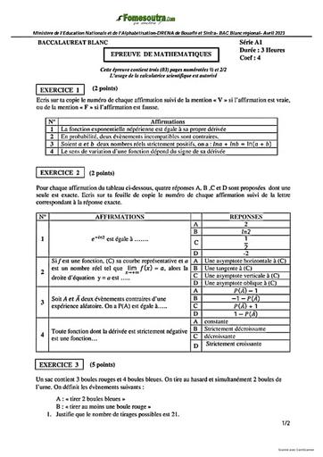 SUJET ET CORRIGE BAC BLANC 2023 MATHEMATIQUES SERIE A1 REGIONAL DE BOUAFLÉ ET SINFRA COTE D'IVOIRE
