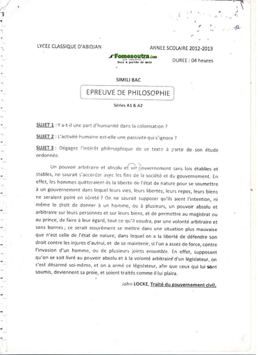 Sujet de Philo BAC blanc 2013 série A1 et A2 Lycée Classique d'Abidjan