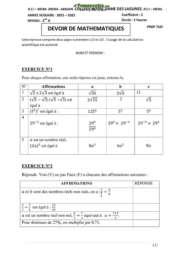 Devoir de Mathématiques niveau 2nde A - Collège Notre Dame des Lagunes - Année scolaire 2021-2022
