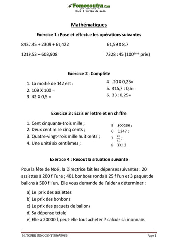 Sujet de Mathématiques (5) niveau CE2