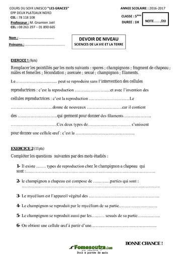 Devoir Sciences de la Vie et de la Terre (SVT) niveau 5eme - Cours du soir Les GRACES