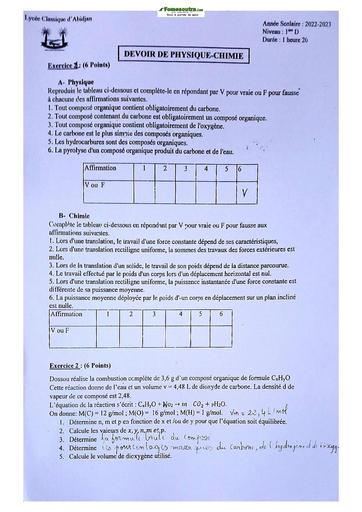 Sujet de Physique-Chimie Niveau Première D Lycée Classique Abidjan 22-23