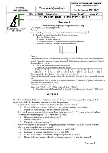 PREPA BAC 2025 SERIE PC C&D FICHE 5 sujet+corrigé MAI 2025 BY TEHUA