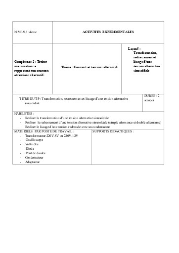 Leçon 9 Transformation, redressement et lissage d’une tension alternative sinusoïdale