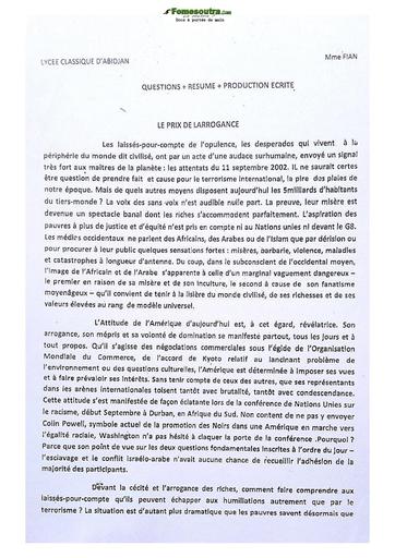 Sujet Prépa Français Lycée Classique Abidjan