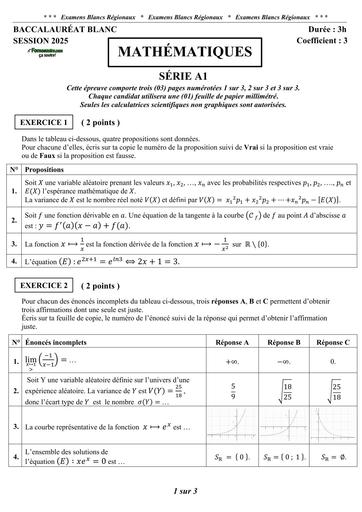 SUJET MATHS BAC BLANC A1 2025 by TEHUA