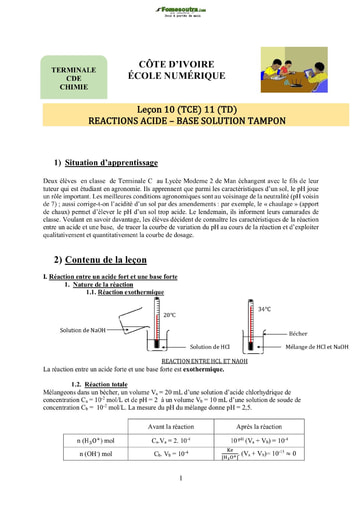 Sujet de Physique-Chimie : REACTIONS ACIDO-BASIQUES - SOLUTIONS TAMPONS