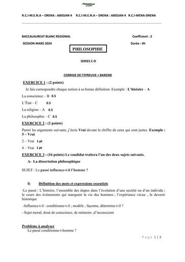 BAC BLANC MARS 2024 SUJET DE PHILOSOPHIE SERIE CD DRENA ABIDJAN 4 BAREME BY TEHUA