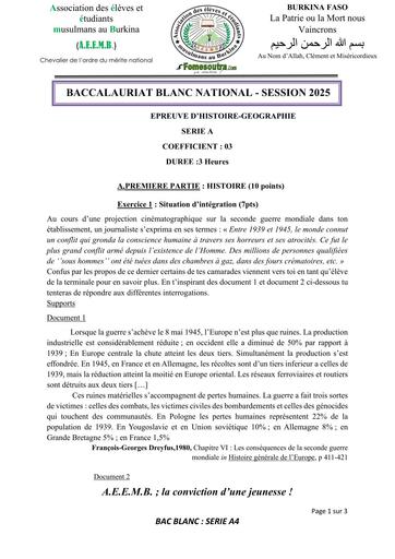BAC BLANC 2025 SERIE A sujet d'HG A E E M B 2025 BURKINA FASO BY TEHUA