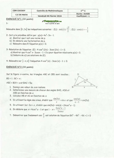 Sujet (3) Maths niveau 1ere C - CSM Cocody