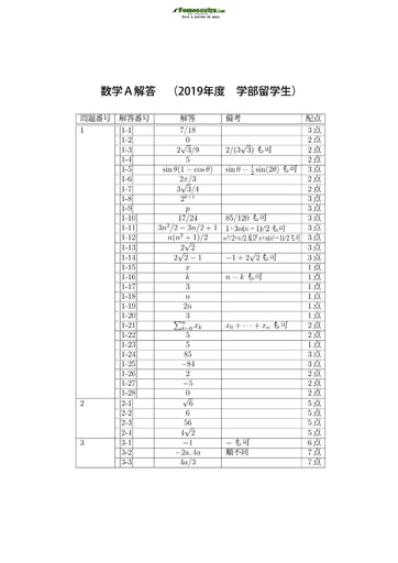 Corrigé de Sujet de Mathématique A pour les Bourses d'étude au Japon niveau undergraduate students - année 2019