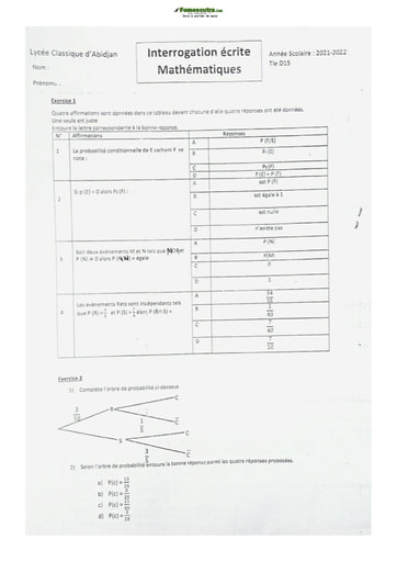 Sujet de Mathématique Terminale D Probabilité 2021 Lycée Classique Abidjan